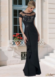 Elegant Black Tulle & Chiffon Mother of the Bride Dress – Jewel Neck Sheath Gown with T-Shirt Sleeves