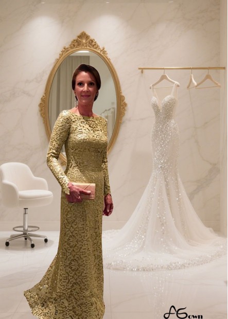 Gold Lace Bateau Neckline Full-Length Formal Dress – Sheath Column Evening Gown