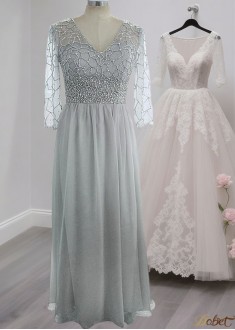 Gray V-Neck Mother of the Bride Dress – A Line Gown in Tulle and Sleeves Gray V-Neck Mother of the Bride Dress – A Line Gown in Tulle and Sleeves