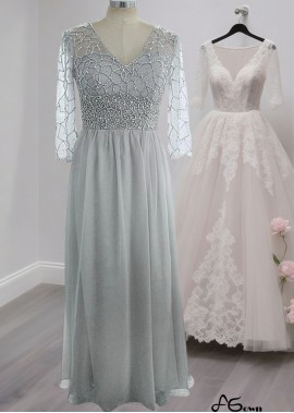 Gray V-Neck Mother of the Bride Dress – Full Length A-Line Gown in Tulle & Silk-Like Chiffon with Illusion Sleeves