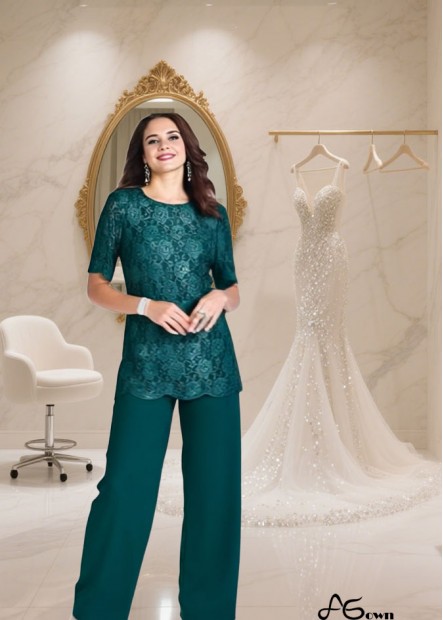 Two Pieces Lace Chiffon Mother of the Bride Pantsuit Green — Jewel Neckline