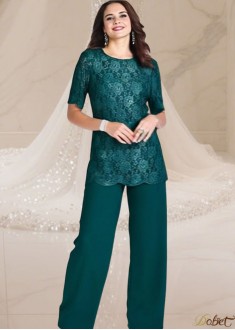 Two Pieces Lace Chiffon Mother of the Bride Pantsuit Green — Jewel Neckline
