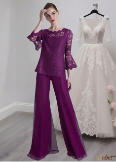 Scoop Neck Chiffon Mother of the Bride Pantsuit – Elegant 3/4 Sleeves Outfit