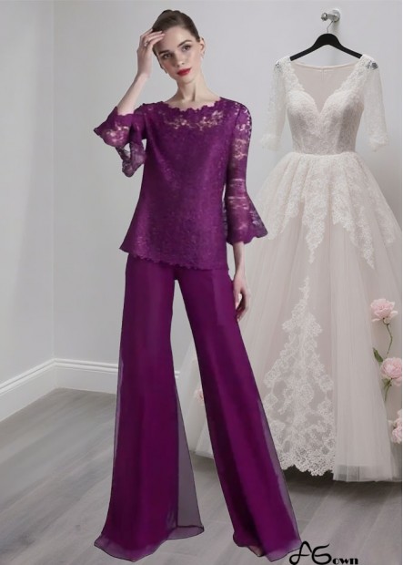 Scoop Neck Chiffon Mother of the Bride Pantsuit – Elegant 3/4 Sleeves Outfit