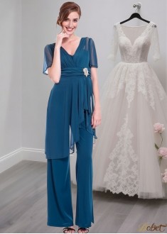 V-Neck Full-Length Chiffon Mother of the Bride Pantsuit with Sleeves
