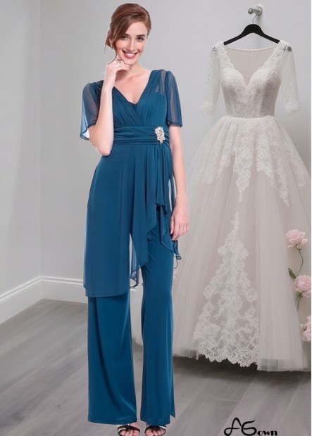 V-Neck Full-Length Chiffon Mother of the Bride Pantsuit with Sleeves