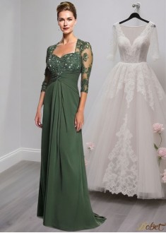 Full-Length Green Chiffon A-Line Mother of the Bride Dress with Illusion Sleeves