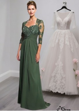 Full-Length Green Chiffon A-Line Mother of the Bride Dress with Illusion Sleeves
