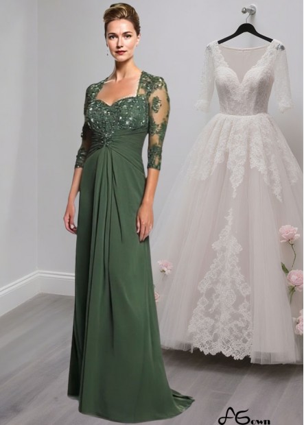 Full-Length Green Chiffon A-Line Mother of the Bride Dress with Illusion Sleeves
