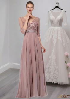 Elegant V-Neck Tulle & Chiffon A-Line Mother of the Bride Dress with Short Sleeves