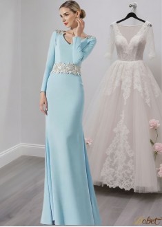 Blue V-Neck Formal Mother Dress – Full Length Sheath Evening Gown