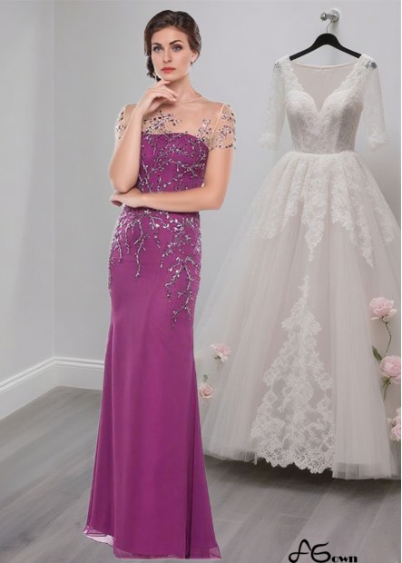 Tulle Chiffon Jewel Neck Mother of the Bride Dress – Illusion Sleeve Full-Length Sheath Gown