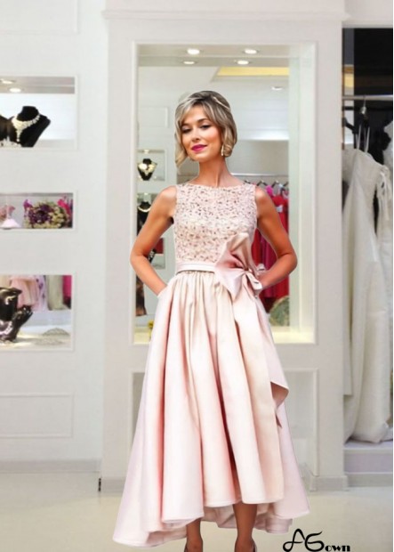 Hi-Lo Pink Tulle Satin A-Line Mother of the Bride Dress with Jewel Neckline
