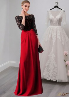 Full-Length Lace Evening Formal Dress with Scoop Neck and 3/4 Sleeves