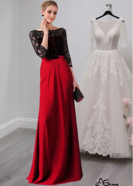 Full-Length Lace Evening Formal Dress with Scoop Neck and 3/4 Sleeves