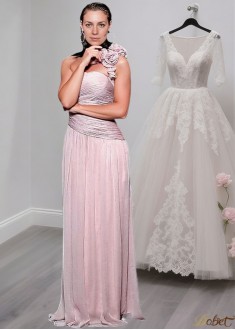 Pink One Shoulder Chiffon Full Length Mother of the Bride Dress
