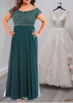 Full-Length V-Neck Chiffon Mother of the Bride Dress with Cap Sleeves