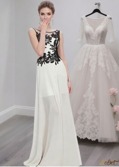 Elegant White Chiffon Scoop Neck A-Line Prom Dresses, Mother Evening Gown