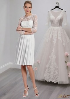 White Lace Chiffon Knee-Length A-Line Formal Dresses with 3/4 Sleeves