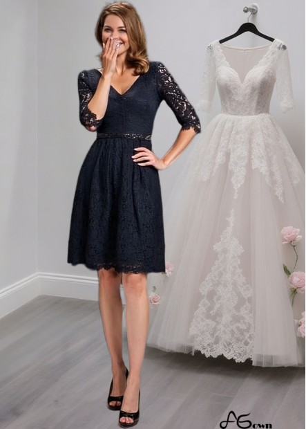 Elegant Knee-Length Lace V-Neck Mother of the Bride Dress with Illusion Sleeves