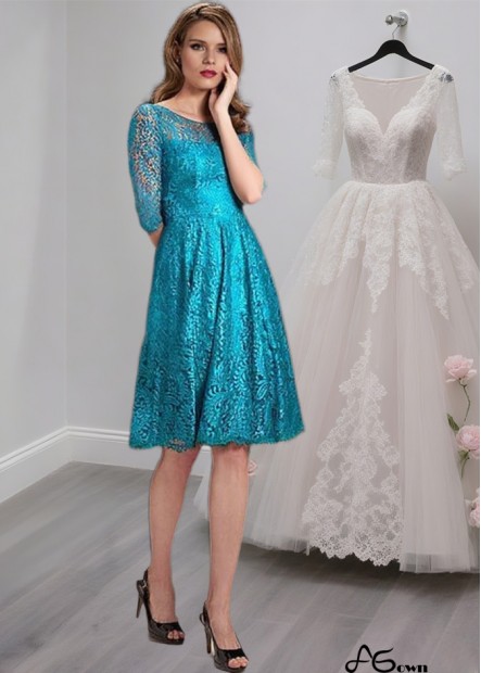 Knee-Length Lace A-Line Scoop Neck Illusion Sleeve Mother of the Bride Dress