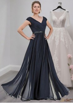 V-Neck Chiffon Mother of the Bride Dress with Cap Sleeves