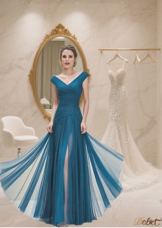 Elegant Blue Tulle V-Neck A-Line Full-Length Mother of the Bride Dress with Cap Sleeves