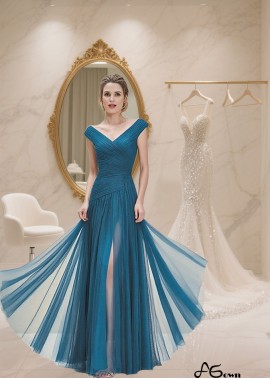 Elegant Blue Tulle V-Neck A-Line Full-Length Mother of the Bride Dress with Cap Sleeves