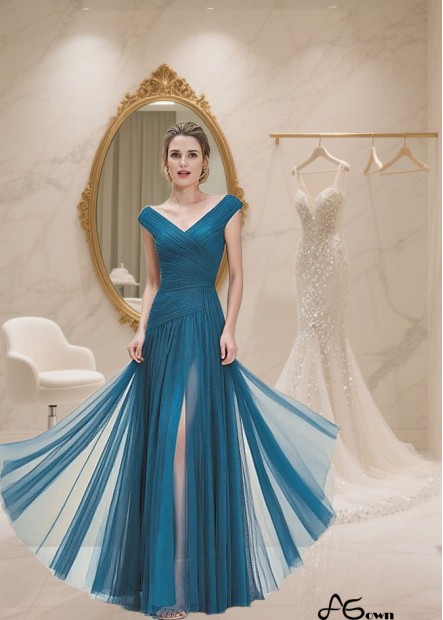 Elegant Blue Tulle V-Neck A-Line Full-Length Mother of the Bride Dress with Cap Sleeves