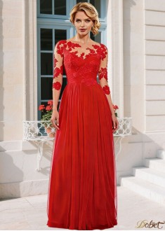 Red Tulle Mother of the Bride Dress Bateau A-line Illusion Sleeve