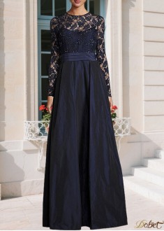 Elegant Lace & Taffeta Jewel Neck A-Line Mother of the Bride Dress – Full Length
