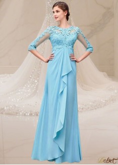 Blue Prom Chiffon Mother of the Bride Dress with Jewel Neck and Illusion Sleeves