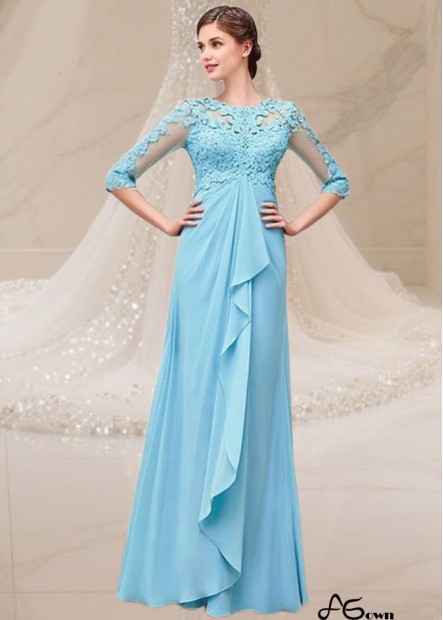 Blue Prom Chiffon Mother of the Bride Dress with Jewel Neck and Illusion Sleeves