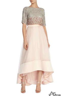 Pink Hi-Lo A-Line Mother of the Bride Dress with Sequined Lace and Tulle