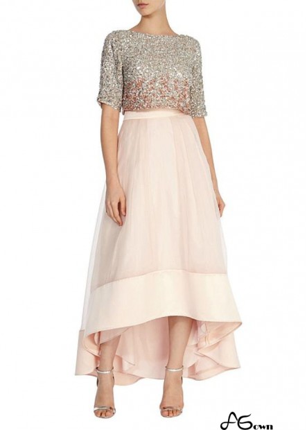 Pink Hi-Lo A-Line Mother of the Bride Dress with Sequined Lace and Tulle