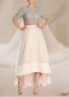 Pink Hi-Lo A-Line Prom Dress and Gown with Beads For Party