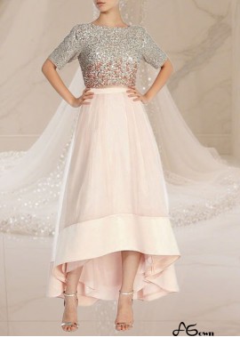 Pink Hi-Lo A-Line Prom Dress and Gown with Beads For Party