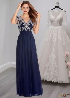 Blue Chiffon A-Line Mother of the Bride Dress with Sleeves and V-Neck Blue Chiffon A-Line Mother of the Bride Dress with Sleeves and V-Neck