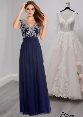 Blue Chiffon A-Line Mother of the Bride Dress with Illusion Sleeves and V-Neck