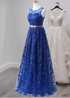Elegant Blue Lace A-Line Mother of the Bride Dress with Jewel Neckline