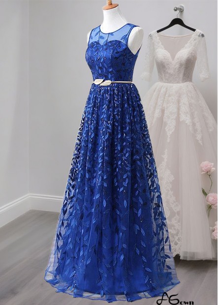 Elegant Blue Lace A-Line Mother of the Bride Dress with Jewel Neckline