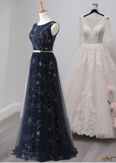 Elegant Sequin Tulle Scoop Neck A-Line Mother of the Bride Dress Full Length