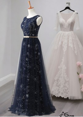 Elegant Sequin Tulle Scoop Neck A-Line Mother of the Bride Dress Full Length