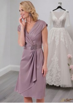 Knee Length V-Neck Chiffon A-Line Mother of the Bride Dress with Cap Sleeves