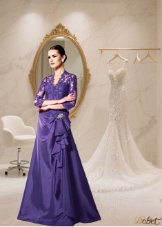 Full Length V-Neck A-Line Mother of the Bride Dress with Tulle & Taffeta Jacket