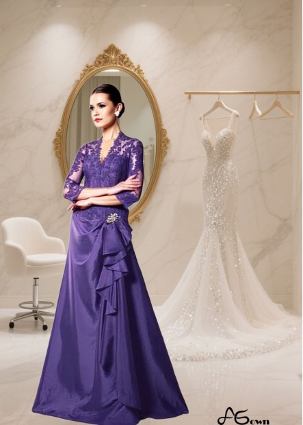 Full Length V-Neck A-Line Mother of the Bride Dress with Tulle & Taffeta Jacket