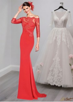 Off-the-Shoulder Tulle Mother of the Bride Dress – Evening Gown with 3/4 Sleeves