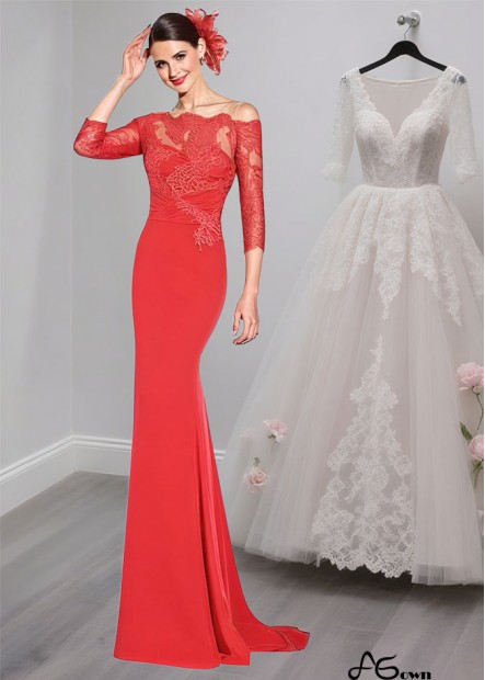 Off-the-Shoulder Tulle Satin Mother of the Bride Dress – Full Length Gown with Illusion Sleeves