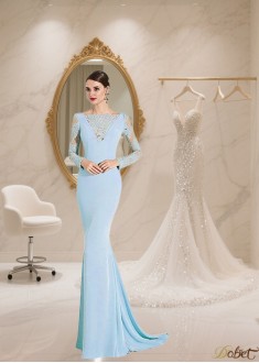 Elegant Blue Tulle and Satin Bateau Neck Illusion Sleeve Mother of the Bride Gown
