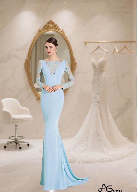 Elegant Blue Tulle and Satin Bateau Neck Illusion Sleeve Mother of the Bride Gown